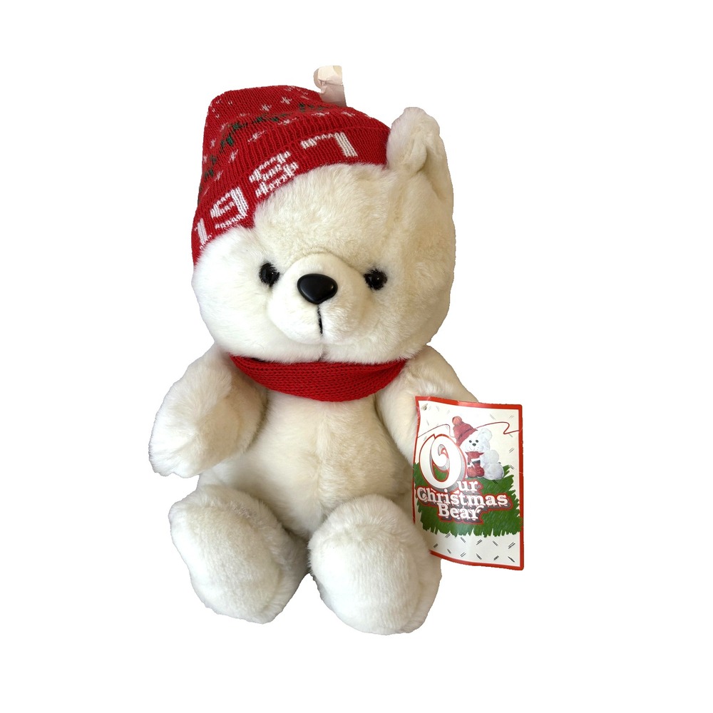 1987 Christmas Teddy Bear Plush 80s Kidcore Nostalgic Collectible Scarf Hat Tags
